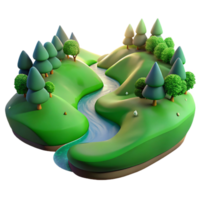 stunning contemporary A winding river flowing through a lush green valley, illuminated by the soft light of dawn. Landscape photography style high resolution png