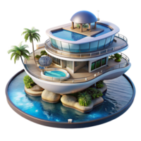 serene traditional Floating hotel, futuristic design, panoramic ocean views, luxurious amenities, digital rendering, high resolution png
