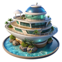 serene traditional Floating hotel, futuristic design, panoramic ocean views, luxurious amenities, digital rendering, premium png