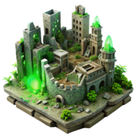 elegant abstract Post-apocalyptic ruined city, crumbling buildings, overgrown with vegetation, eerie green light, dystopian style high resolution png