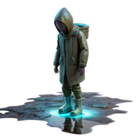 magnificent artistic A lone figure in tattered clothing, hunched against a corrosive acid rain, illuminated by flickering neon signs reflecting in puddles, cyberpunk style, high resolution png