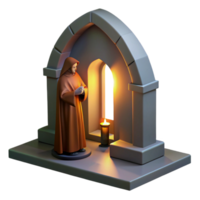 extraordinary modern A solitary monk praying in a simple stone chapel, lit by a single, ethereal ray of light through a stained-glass window, in a religious iconography style detailed png