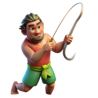 vibrant creative A mysterious Polynesian Maui fishing up islands from the ocean depths, muscles straining, sunlight glinting off his magical fishhook. Realistic style, vibrant lighting high resolution png