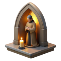 vibrant contemporary A solitary monk praying in a simple stone chapel, lit by a single, ethereal ray of light through a stained-glass window, in a religious iconography style authentic png