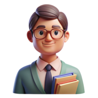 dramatic modern Portrait of a dedicated teacher with glasses and a stack of books, lit by the warm light of a classroom, in a heartwarming illustration style original png