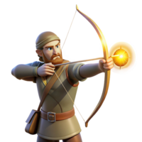magnificent traditional A medieval archer aiming his longbow at a distant target, illuminated by the bright sunlight of a summer day, in a photorealistic style original png