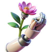 extraordinary creative A robotic arm holding a delicate flower, illuminated by soft, natural light. Botanical illustration style high resolution png