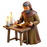 magnificent classic A medieval monk illuminated by the soft glow of a candle as he meticulously copies a manuscript in a scriptorium. Realistic, detailed style professional png