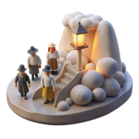 stunning traditional A group of pilgrims landing on Plymouth Rock, the scene illuminated by the soft, diffused light of a cloudy day. Realistic, historical style high quality png