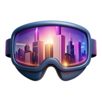 dramatic minimalist A pair of augmented reality glasses displaying a virtual cityscape, lit by the soft glow of the projected image, in a product photography style premium png