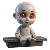 vibrant vintage A porcelain doll with cracked paint and glowing red eyes sitting on a dusty shelf. Dim, candlelit lighting. Creepy doll, uncanny valley style authentic png