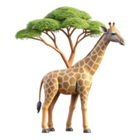 elegant abstract A graceful giraffe reaching for leaves on a tall acacia tree, rendered in a realistic style with soft, dappled lighting authentic png