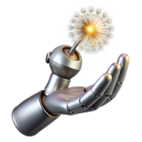 dramatic minimalist A chrome robotic hand delicately holding a glowing dandelion seed, illuminated by soft, ethereal light, rendered in a hyperrealistic style high resolution png