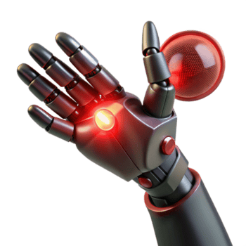 degno di nota creativo un' bionico braccio estendendosi a partire dal un' ombroso figura, raggiante con interno circuiteria illuminato di un' pulsante rosso luce, reso nel un' scuro, fantascienza stile premio png