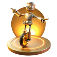 extraordinário minimalista uma caprichoso, relógio robô balanceamento precariamente em uma monociclo, iluminado de esquentar, dourado etapa iluminação. desenho animado estilo detalhado png
