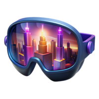 beautiful traditional A pair of augmented reality glasses displaying a virtual cityscape, lit by the soft glow of the projected image, in a product photography style high quality png