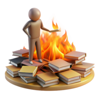 beautiful vintage A lone figure standing amidst a field of burning books, symbolic of censorship and oppression, fiery orange lighting high resolution png