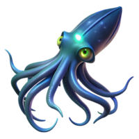 dramatic abstract A giant squid swimming in the deep ocean, illuminated by bioluminescent creatures, portrayed in a mysterious, dark style high quality png