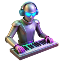 elegant rustic A robotic musician playing a futuristic synthesizer, surrounded by pulsating, neon lights. Synthwave style high resolution png