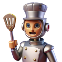 extraordinary modern A sleek robot chef holding a spatula and wearing a chef's hat, metallic sheen, spotlight from the front, retro-futuristic cartoon style exclusive png