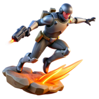 impressive minimalist A futuristic soldier leaps across a chasm, energy weapons blazing. Dynamic action pose, cyberpunk style professional png