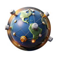 dramatic artistic A network of satellites orbiting a stylized Earth, illuminated by the sun's rays and city lights, rendered in a realistic, space exploration style authentic png