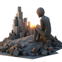 extraordinary traditional A solitary figure sitting on a pile of rubble, staring at a desolate cityscape, illuminated by the faint light of a dying sun. Dark, melancholic, and painterly style premium png