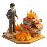 serene artistic A lone figure standing amidst a field of burning books, symbolic of censorship and oppression, fiery orange lighting high quality png