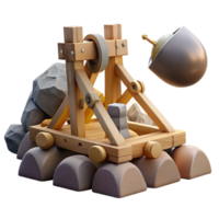 impressive rustic A medieval siege engine hurls a massive boulder at a castle wall. Dramatic action scene, historical fantasy style premium png