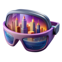 stunning traditional A pair of augmented reality glasses displaying a virtual cityscape, lit by the soft glow of the projected image, in a product photography style high resolution png