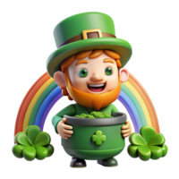 magnificent creative A whimsical Irish leprechaun hiding a pot of gold at the end of a rainbow, surrounded by four-leaf clovers. Cartoon style high resolution png