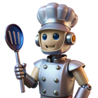 impressive classic A sleek robot chef holding a spatula and wearing a chef's hat, metallic sheen, spotlight from the front, retro-futuristic cartoon style exclusive png