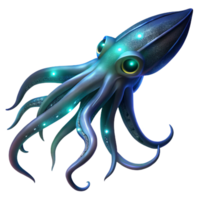 beautiful minimalist A giant squid swimming in the deep ocean, illuminated by bioluminescent creatures, portrayed in a mysterious, dark style high resolution png