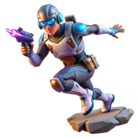 elegant modern A futuristic soldier leaps across a chasm, energy weapons blazing. Dynamic action pose, cyberpunk style premium png