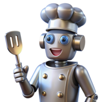 extraordinary modern A sleek robot chef holding a spatula and wearing a chef's hat, metallic sheen, spotlight from the front, retro-futuristic cartoon style original png