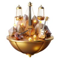 stunning vintage A floating island composed of musical instruments, connected by shimmering strings of light, bathed in soft golden light, Art Deco style professional png