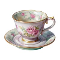 wonderful contemporary A watercolor painting of a vintage teacup and saucer, delicate floral patterns, soft natural lighting, romantic impressionism style premium png