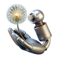 elegant contemporary A chrome robotic hand delicately holding a single dandelion seed, lit by a soft, warm spotlight from above, in a photorealistic style original png