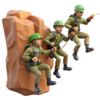 serene rustic A group of soldiers rappels down a cliff face, preparing for a surprise attack. Dynamic composition, action-adventure style professional png
