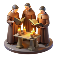 impressive vintage A group of monks meticulously illuminating a manuscript in a dimly lit scriptorium, lit by the warm glow of oil lamps, in a medieval miniature style high quality png
