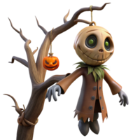 elegant vintage A decaying scarecrow with a stitched-on smile hanging from a gnarled tree in a desolate field. Harsh midday sun casting stark shadows. Rural horror, folk horror style high quality png