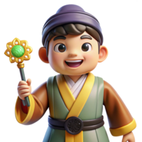 elegant minimalist A cunning Korean Dokkaebi with a mischievous grin, wearing a traditional gat, holding a magical gamtu. Folk art style original png