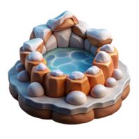 beautiful artistic A bubbling hot spring surrounded by snow-covered rocks, contrasting warm and cool tones, photorealistic rendering authentic png