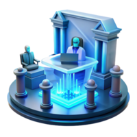 impressive minimalist A futuristic courtroom with a holographic judge presiding over a trial, sterile and impersonal, cold blue lighting premium png