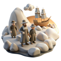 serene classic A group of pilgrims landing on Plymouth Rock, the scene illuminated by the soft, diffused light of a cloudy day. Realistic, historical style premium png