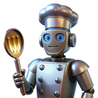 magnificent traditional A sleek robot chef holding a spatula and wearing a chef's hat, metallic sheen, spotlight from the front, retro-futuristic cartoon style original png