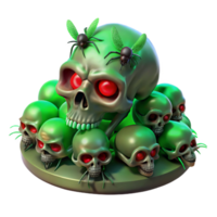 impressive classic A swarm of skeletal insects with glowing red eyes devouring a human skull. Dim, eerie green lighting. Macabre, surreal style premium png