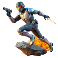 vibrant abstract A futuristic soldier leaps across a chasm, energy weapons blazing. Dynamic action pose, cyberpunk style detailed png
