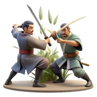dramatic vintage A group of samurai engaged in a fierce sword fight amidst a bamboo forest, illuminated by dappled sunlight filtering through the leaves. Dynamic, ukiyo-e style 4K png