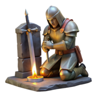 serene creative A grizzled, battle-hardened knight kneeling before a stone altar, clutching a broken sword, lit by a dramatic, chiaroscuro light, in a Rembrandt style original png